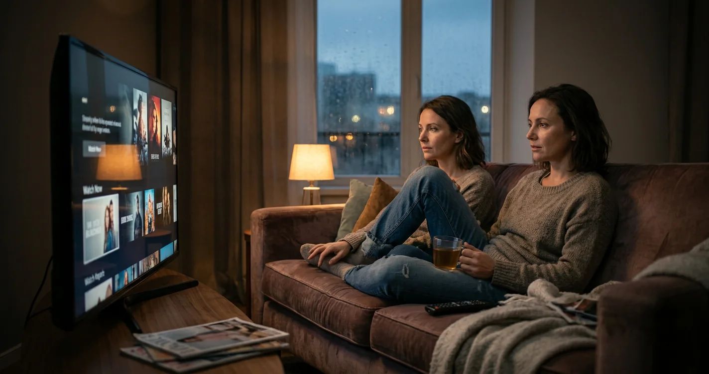 A couple on a couch using a laptop, representing the shift to home movie streaming