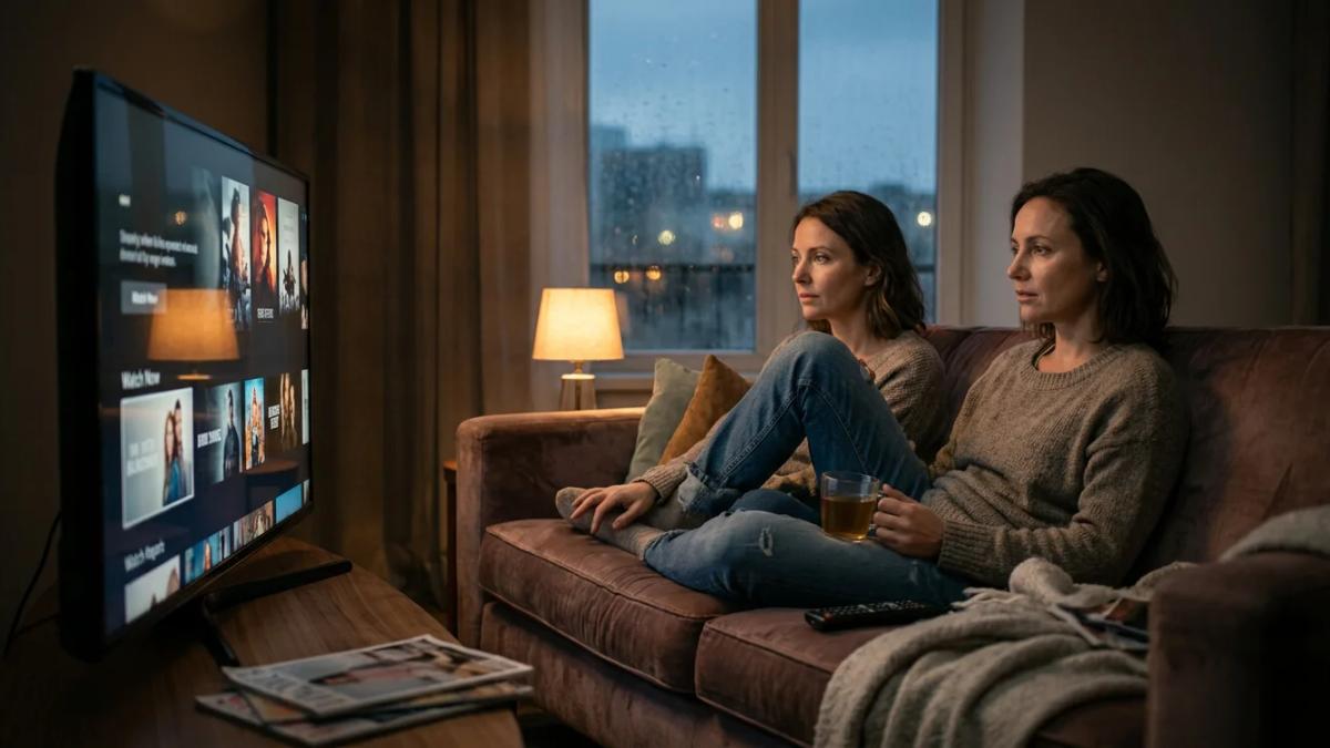 A couple on a couch using a laptop, representing the shift to home movie streaming