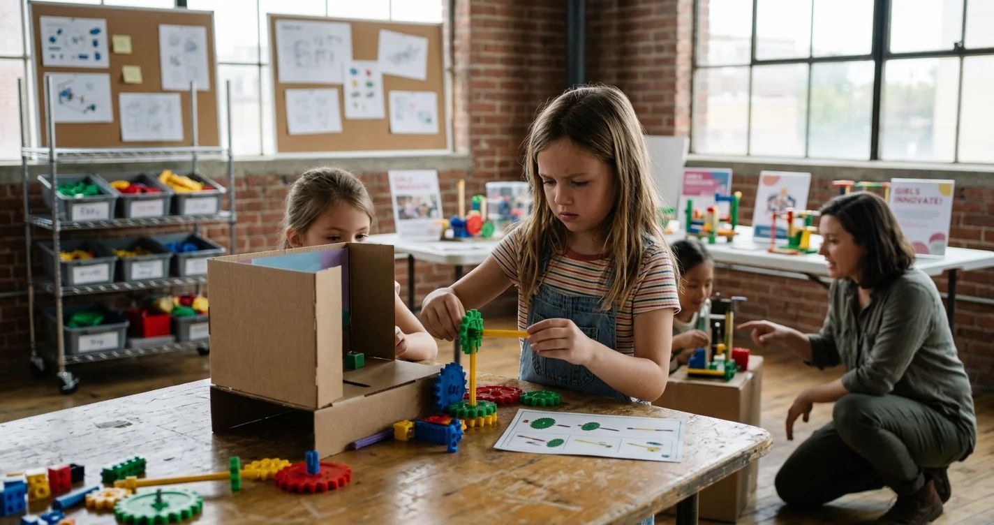 A young girl holds up a DIY toy, empowering girls with construction skills