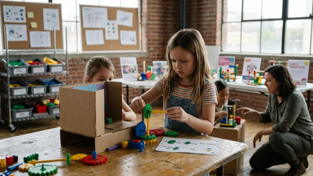 A young girl holds up a DIY toy, empowering girls with construction skills