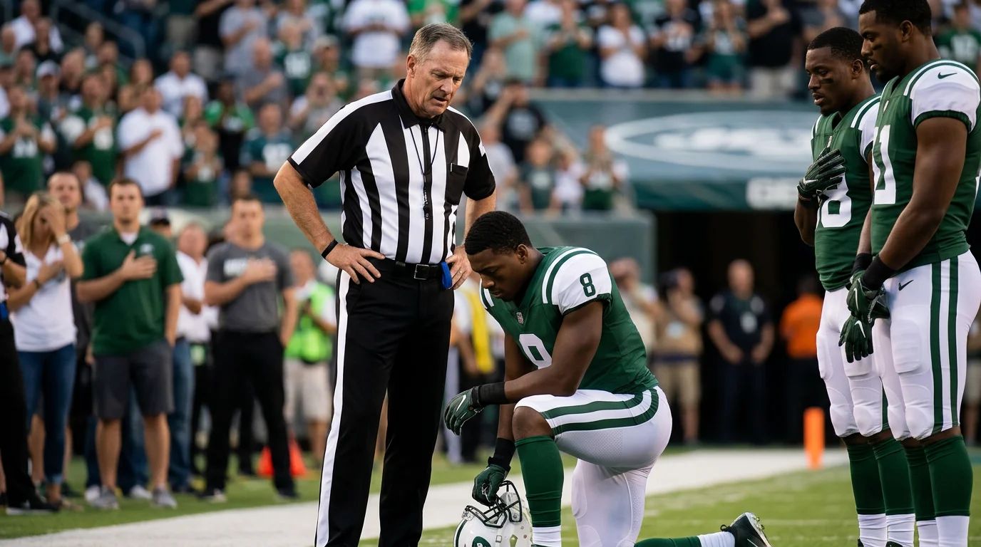 Football player on knee during anthem, showcasing the NFL's confusing protest messages