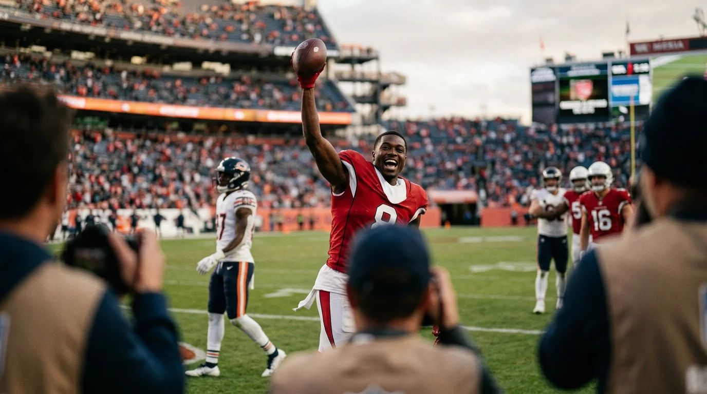 NFL helmet and football on a field with a blurred crowd, symbolizing the league's comeback