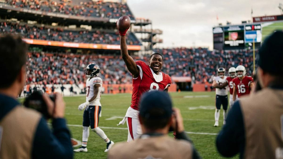 NFL helmet and football on a field with a blurred crowd, symbolizing the league's comeback