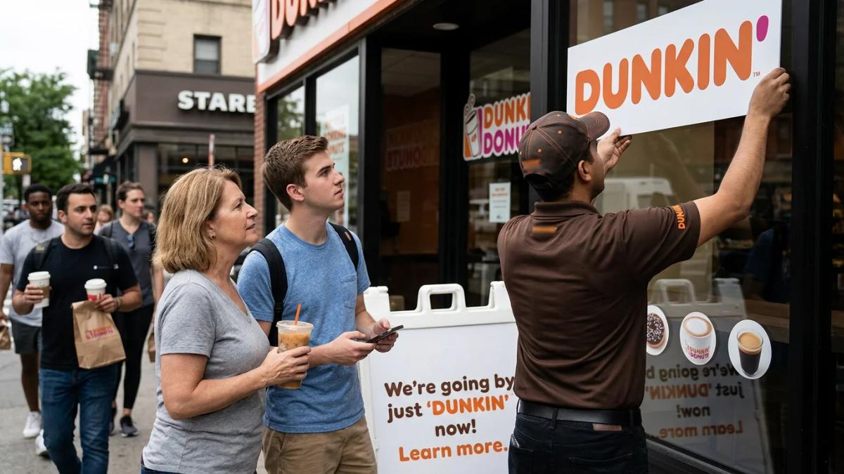 A Dunkin' Donuts sign reimagined as just "Dunkin'", reflecting the company's rebranding