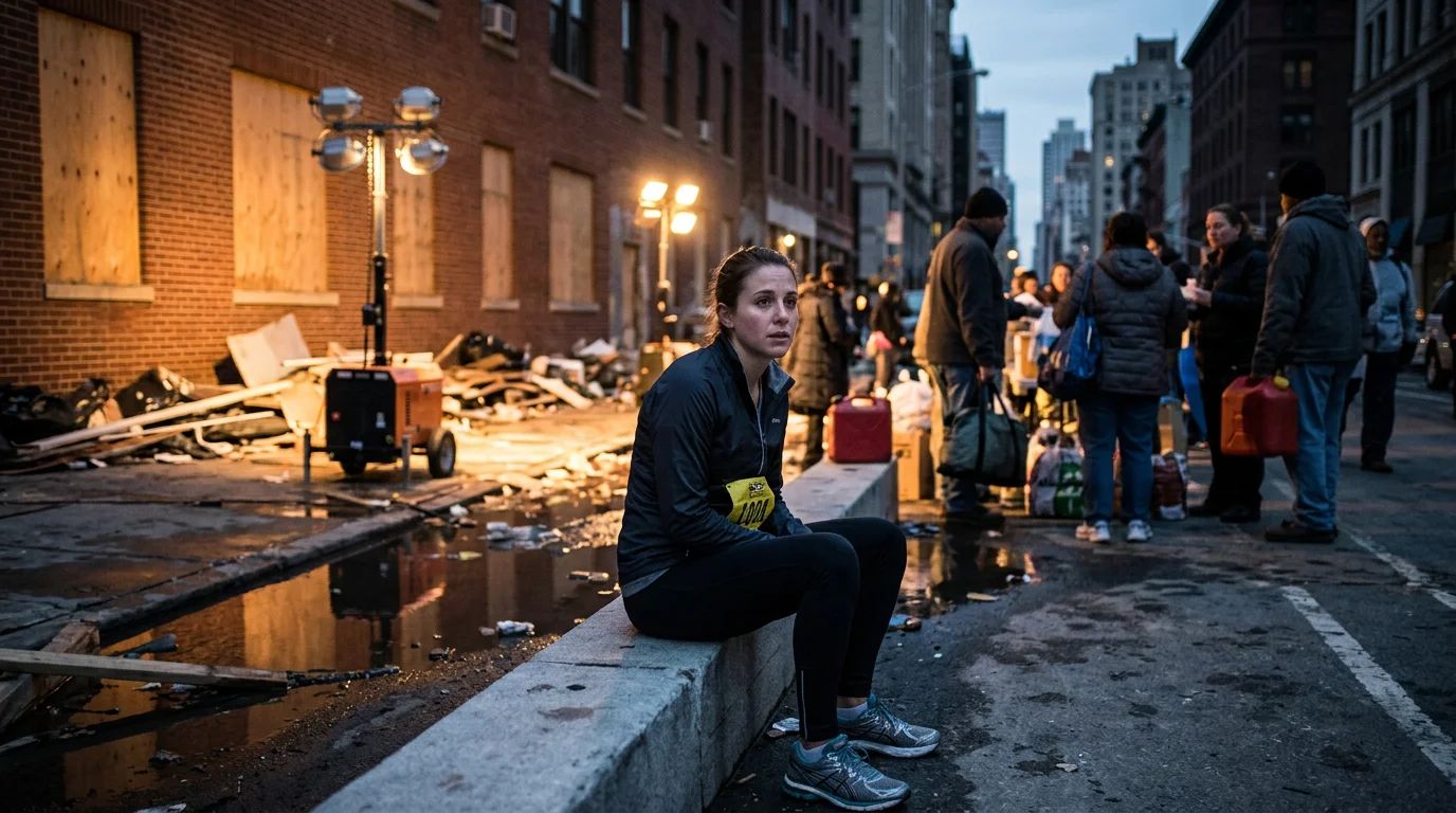 A flooded street in New York City with an American flag, after Hurricane Sandy