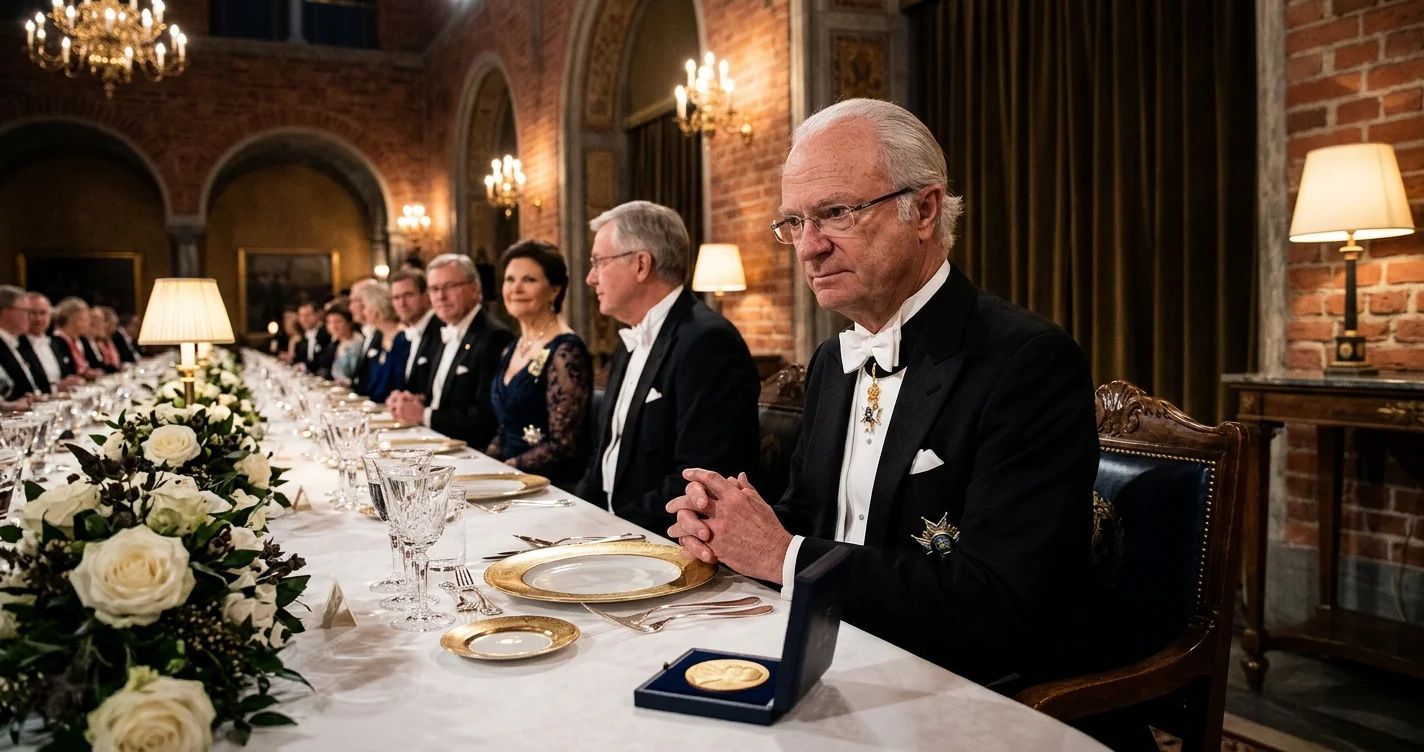 An empty podium with "Nobel Prize" on it, questioning its modern relevance