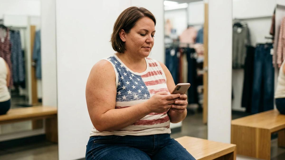 Woman in dressing room, trying on a patriotic plus-size tank top from Old Navy