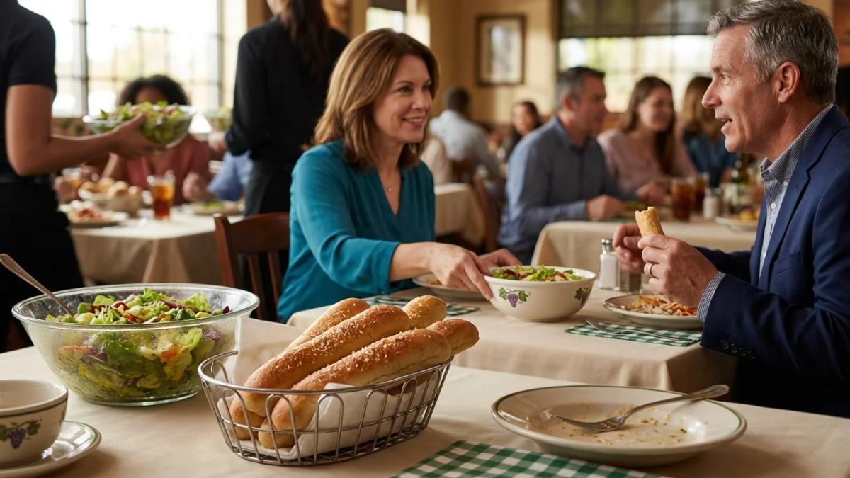A glass of red wine and Italian food served at an Olive Garden restaurant
