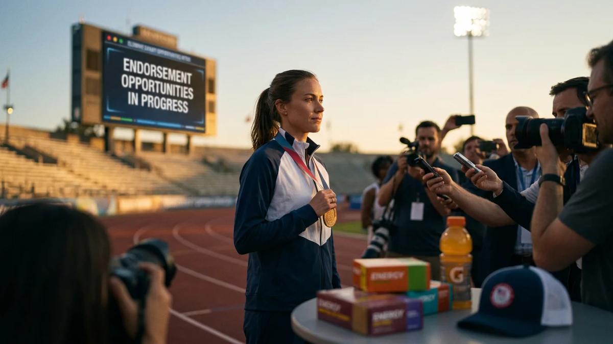 Gold medal athlete holds a bouquet, highlighting the success of Olympic marketing endorsements