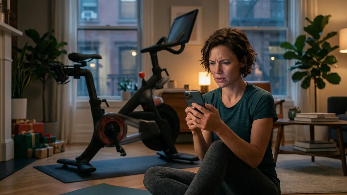 Woman on a stationary bike, facing a screen, highlighting Peloton ad backlash