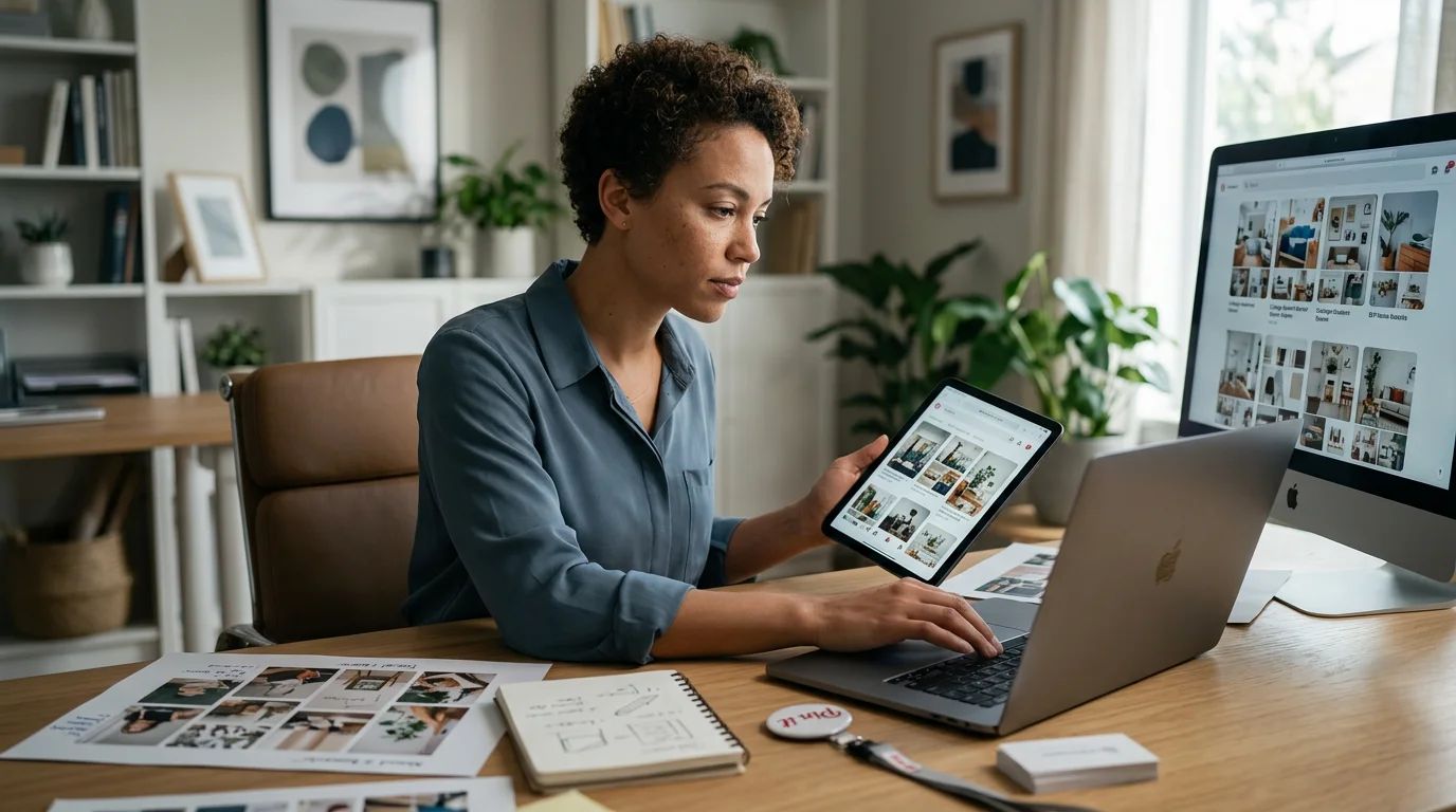 A person uses a laptop, surrounded by illustrative Pinterest-style images, hinting at business growth