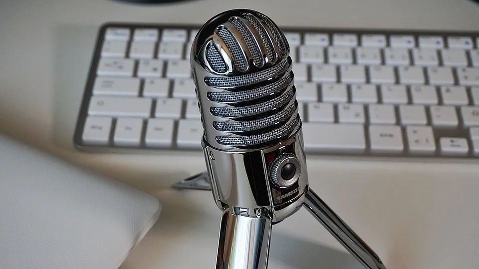 Microphone setup for podcast recording, illustrating audio content creation for marketing