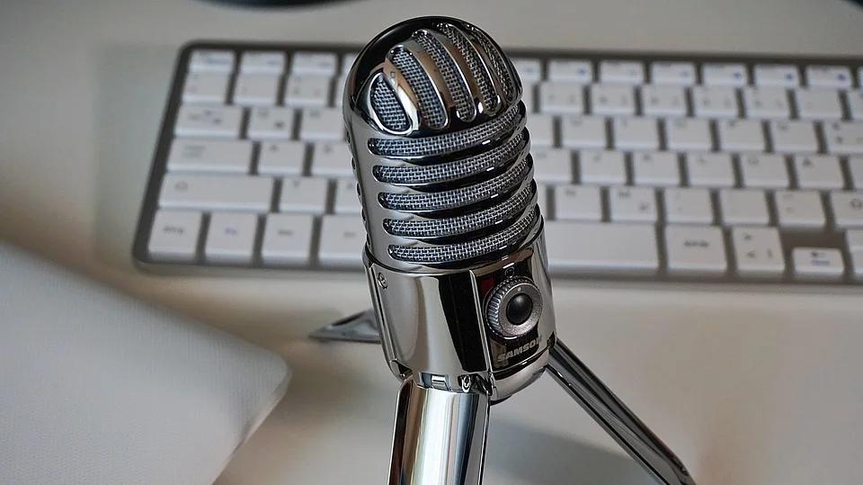 Microphone setup for podcast recording, illustrating audio content creation for marketing