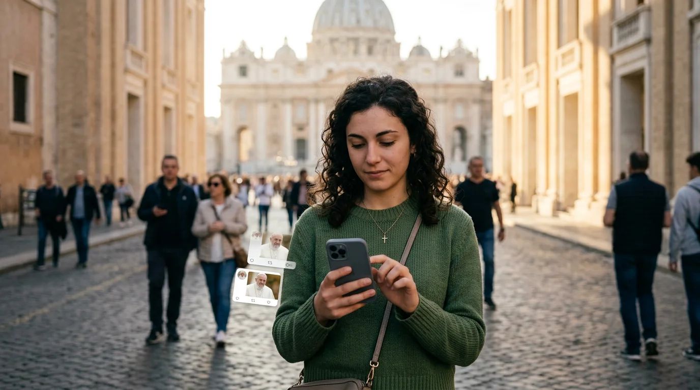 Pope Francis on a large video screen, as tweets modernize the Catholic Church's image