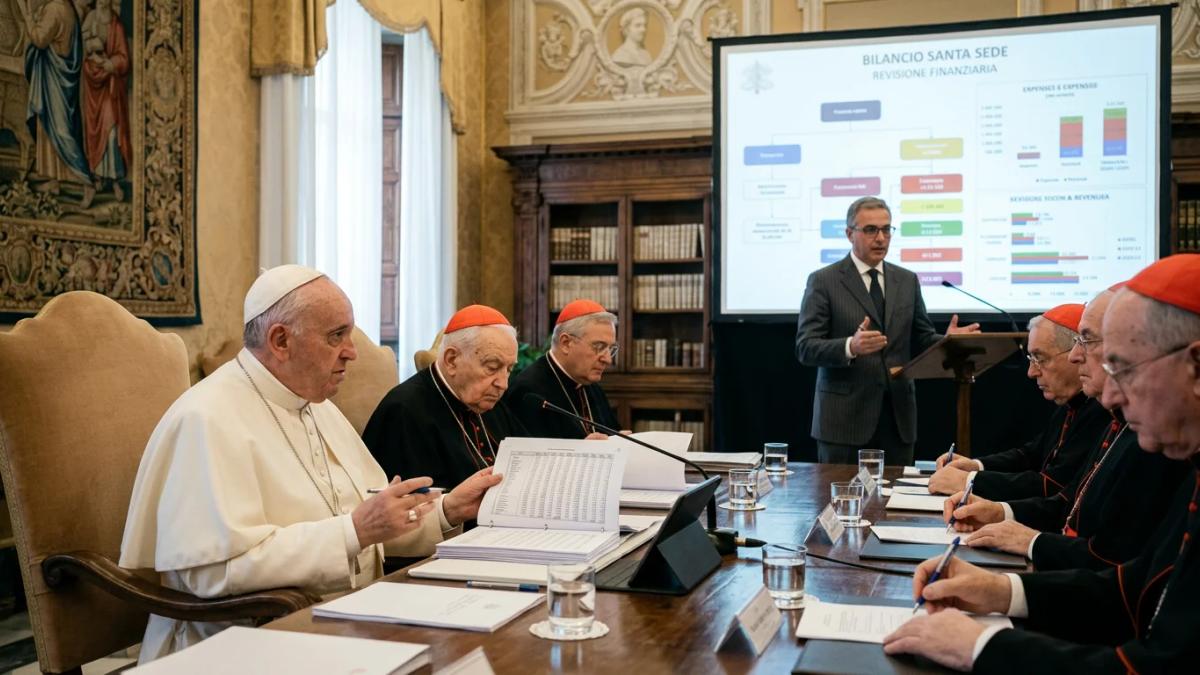 Pope Francis in white vestments, discussing the Vatican bank's public image