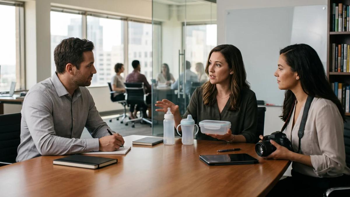 Baby bottle and toys on a highchair, illustrating a PR campaign for children's products
