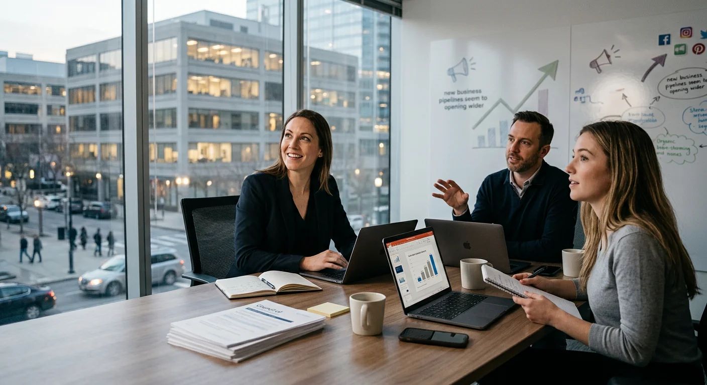 Laptop showing growth charts and a person taking notes, reflecting PR industry trends