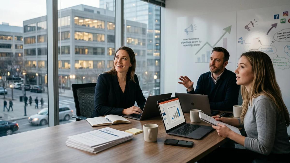 Laptop showing growth charts and a person taking notes, reflecting PR industry trends