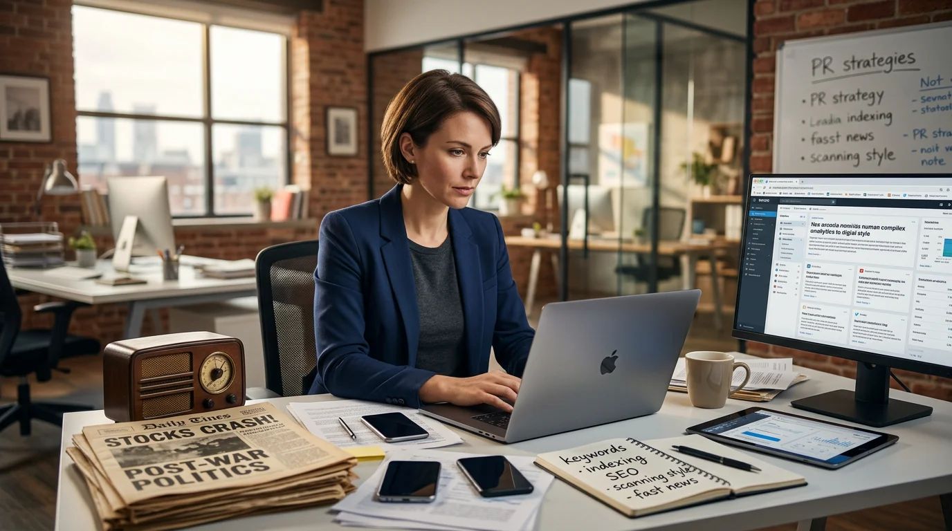 Image of a young woman intently reading a newspaper with historical headlines, illustrating press release evolution