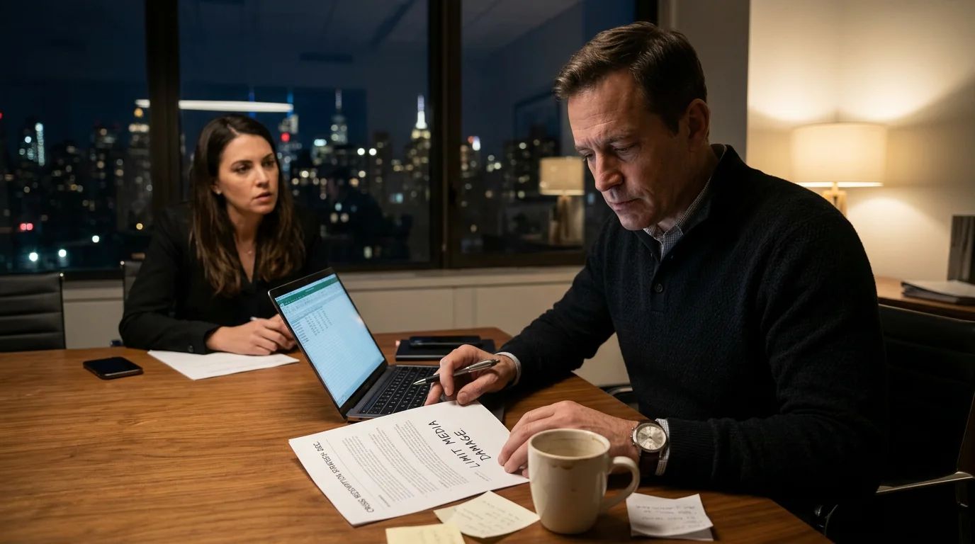 A person works late in a busy office, highlighting the demanding world of PR
