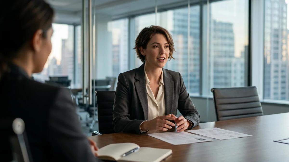 A person in a suit stands confidently, applying PR principles to their job hunt