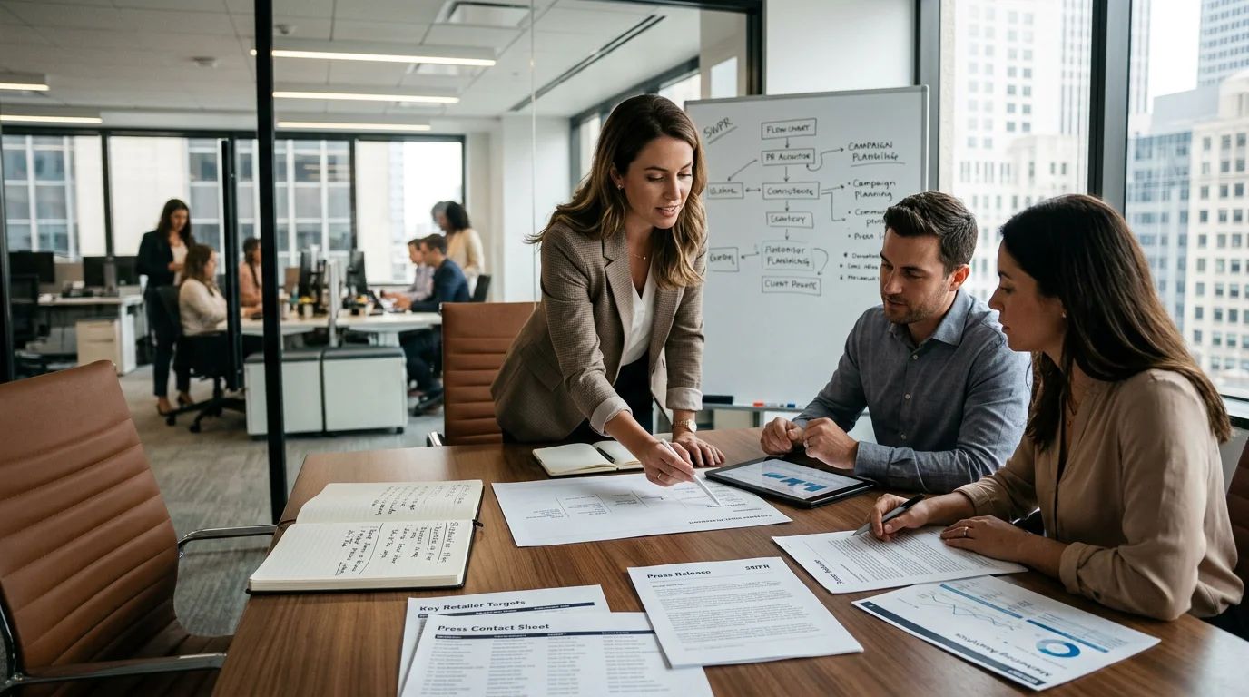Three people collaborating intently at a table, representing the strategic teamwork of a PR agency