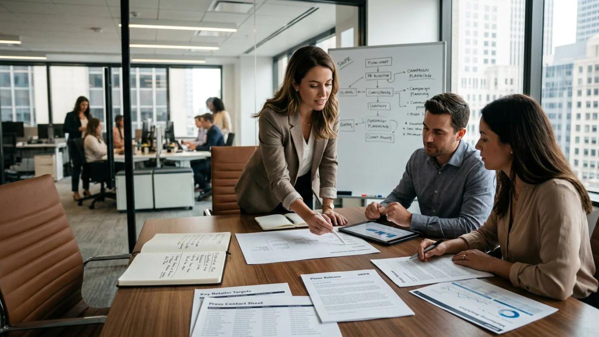 Three people collaborating intently at a table, representing the strategic teamwork of a PR agency
