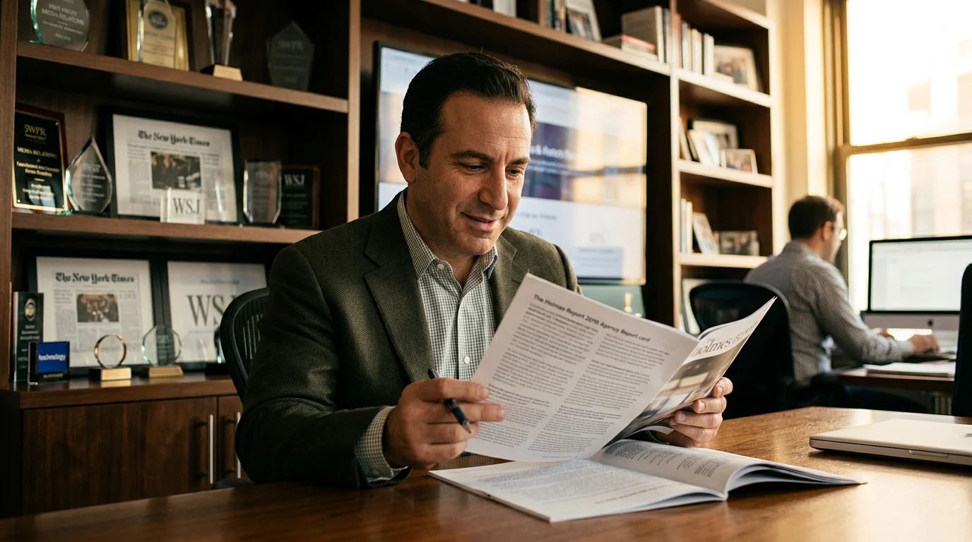 A hand writing notes, reviewing a PR agency's annual performance report