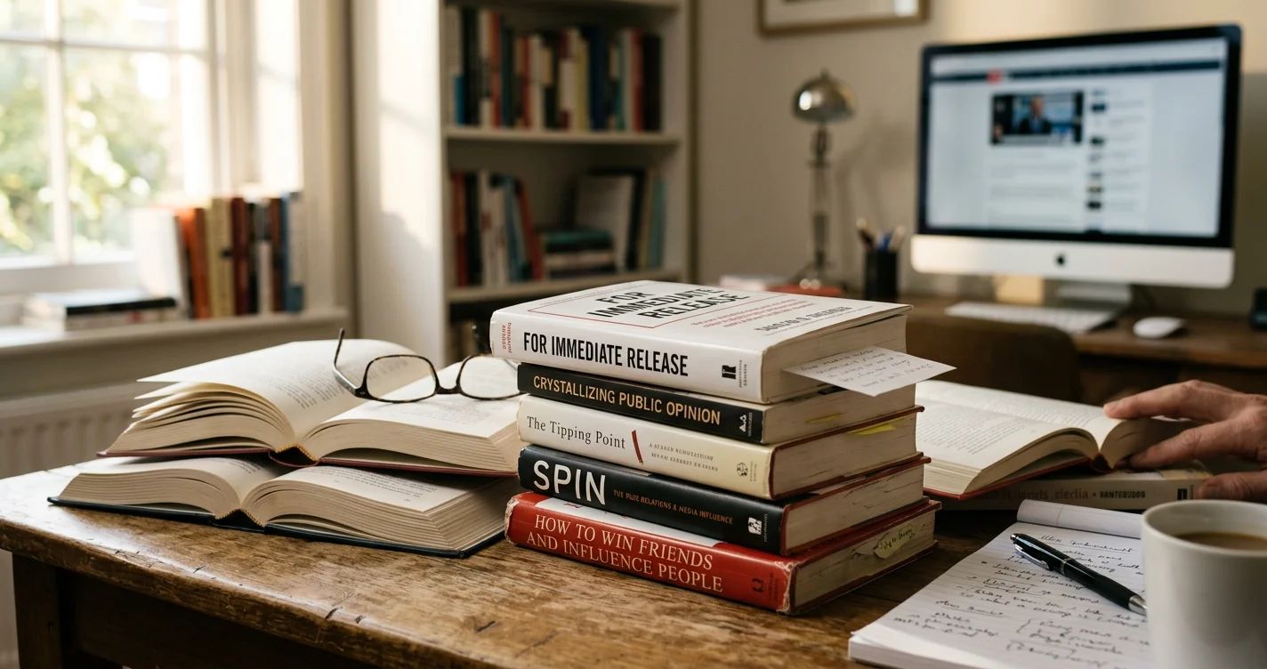 Stack of essential public relations books for aspiring communication professionals