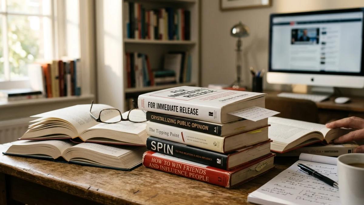 Stack of essential public relations books for aspiring communication professionals