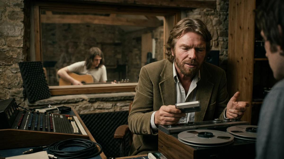 Richard Branson's entrepreneurial spirit, a collage of his iconic ventures illustrating his path to success