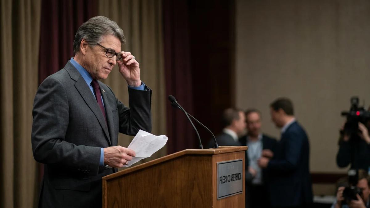 Rick Perry in a suit, speaking into a microphone, discussing his 2016 presidential campaign