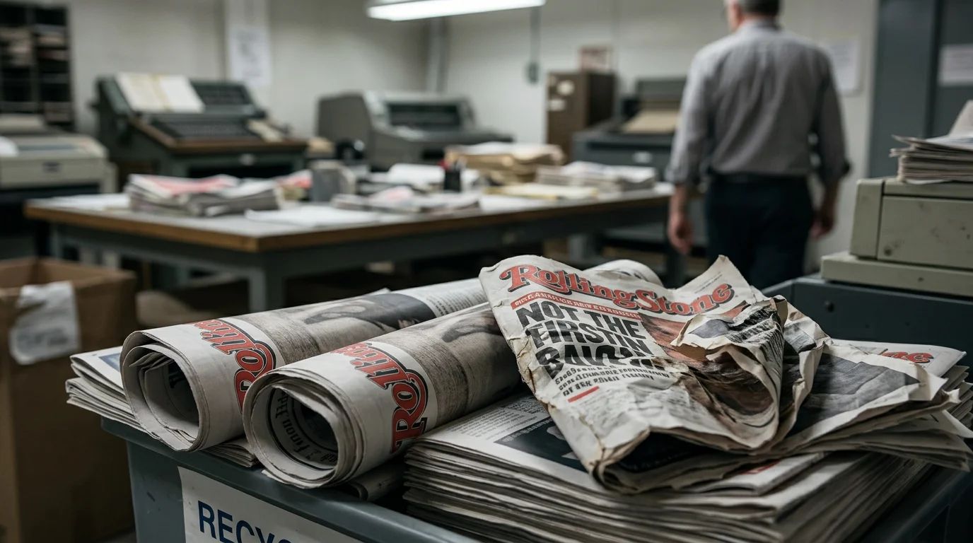 A gavel and blurred legal documents illustrate the Rolling Stone rape story verdict
