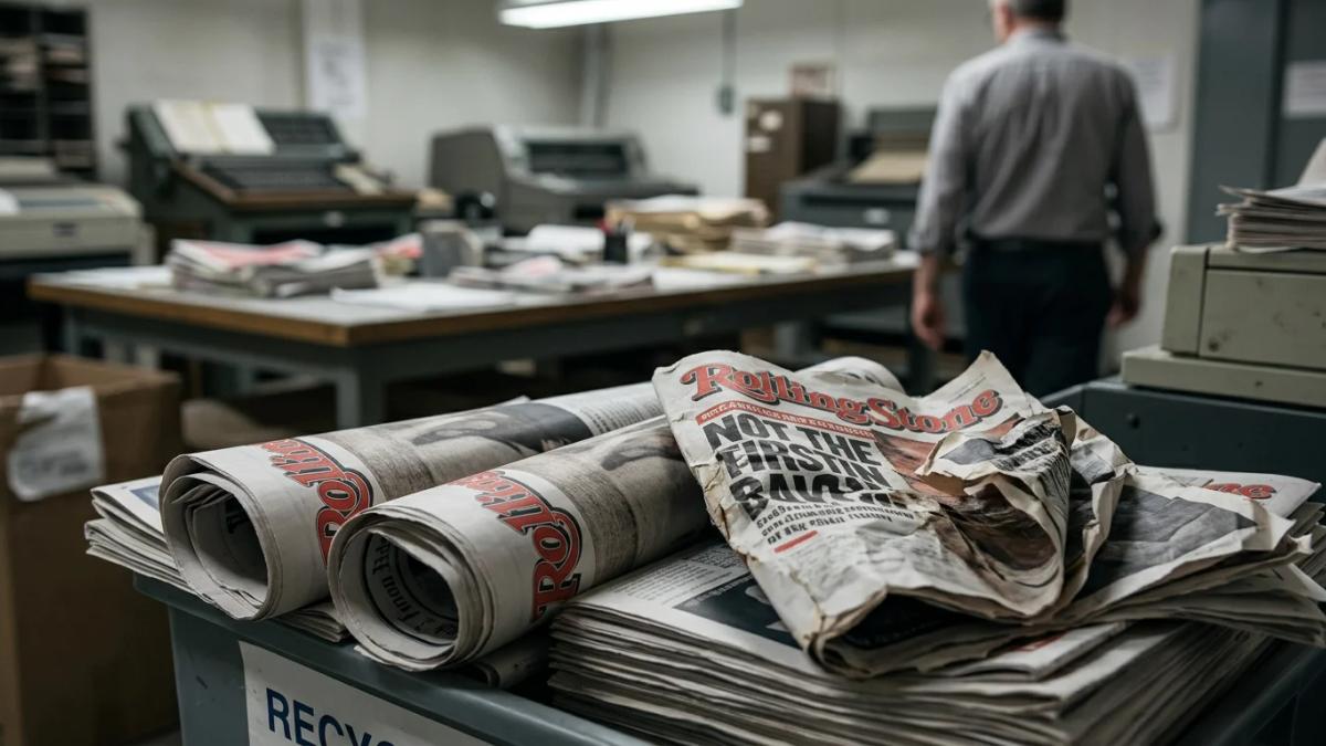 A gavel and blurred legal documents illustrate the Rolling Stone rape story verdict