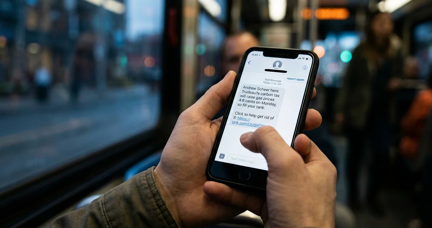 Close-up of a hand with a phone, illustrating unexpected political mass texts