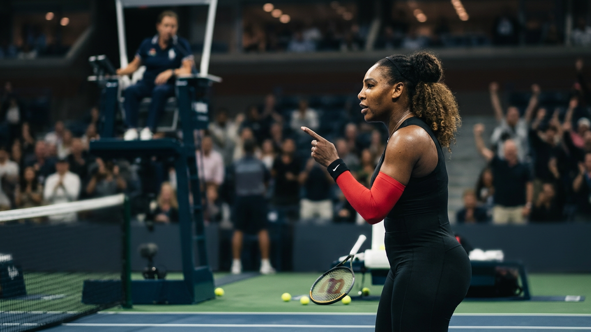 Serena Williams passionately argues with a male umpire during a controversial US Open match