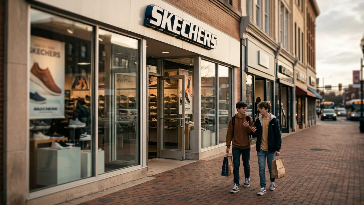 Three pairs of Skechers sneakers are lined up to discuss their lagging sales