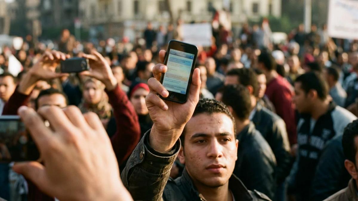 A crowd of protesters holds up cell phones, reflecting both a new world and media order