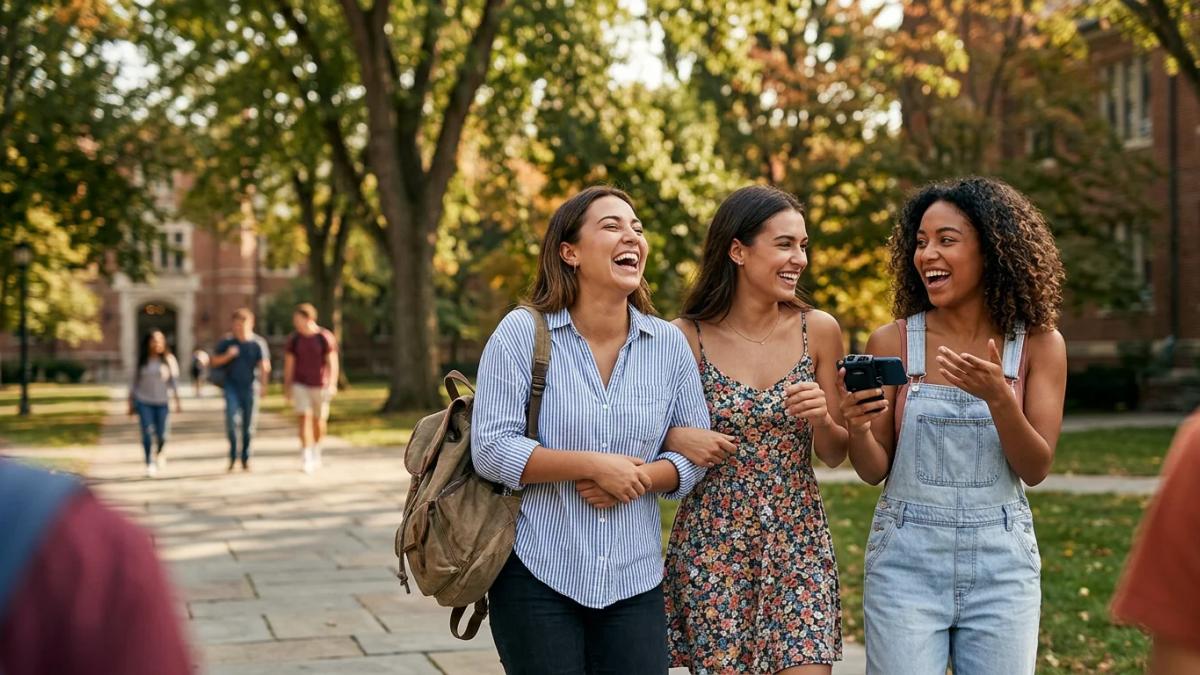 Smiling sorority sisters pose in front of a white columned building, symbolizing a happy, carefree experience
