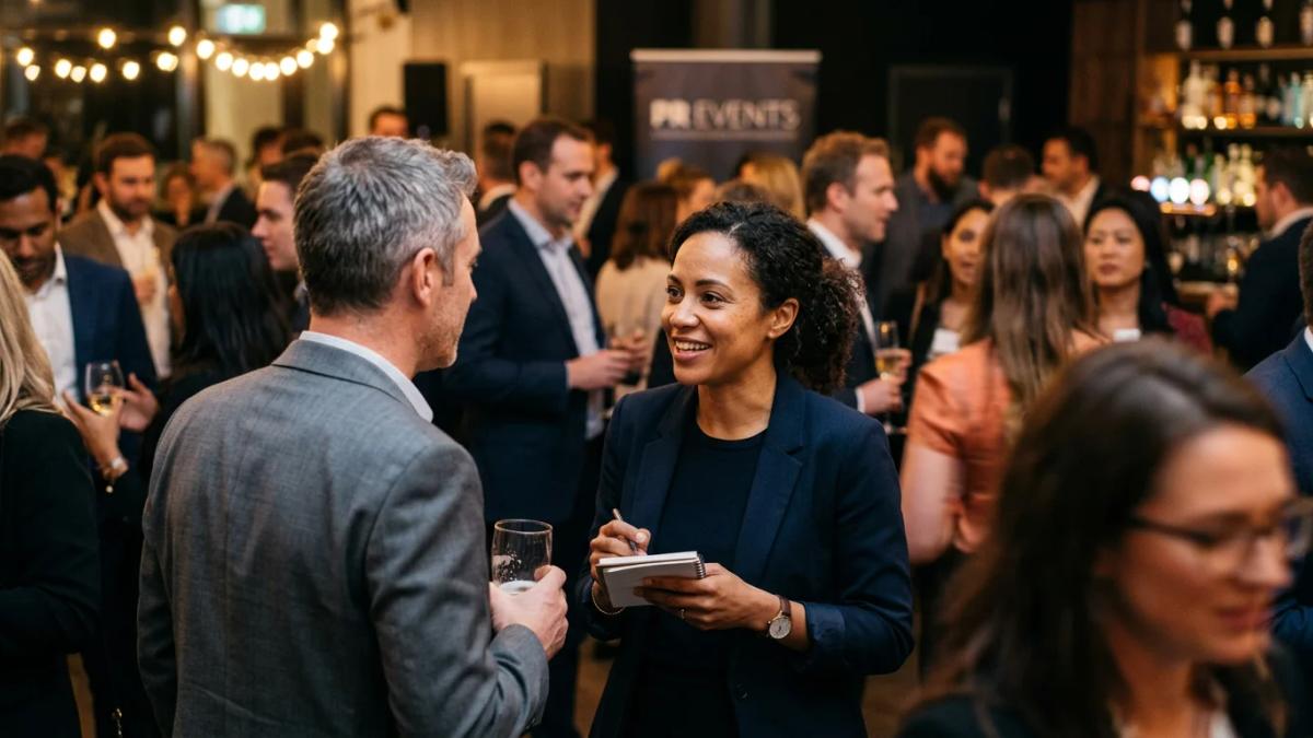 Businessman engaged in a focused conversation with a woman at a networking event