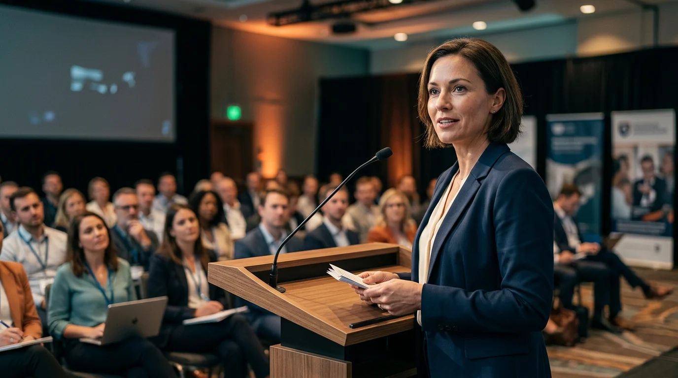 A person on a stage with a microphone, presenting to an audience about PR strategy