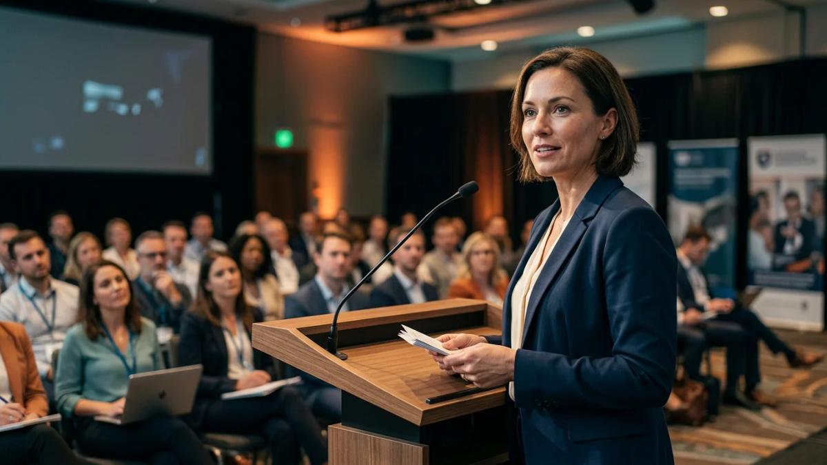 A person on a stage with a microphone, presenting to an audience about PR strategy