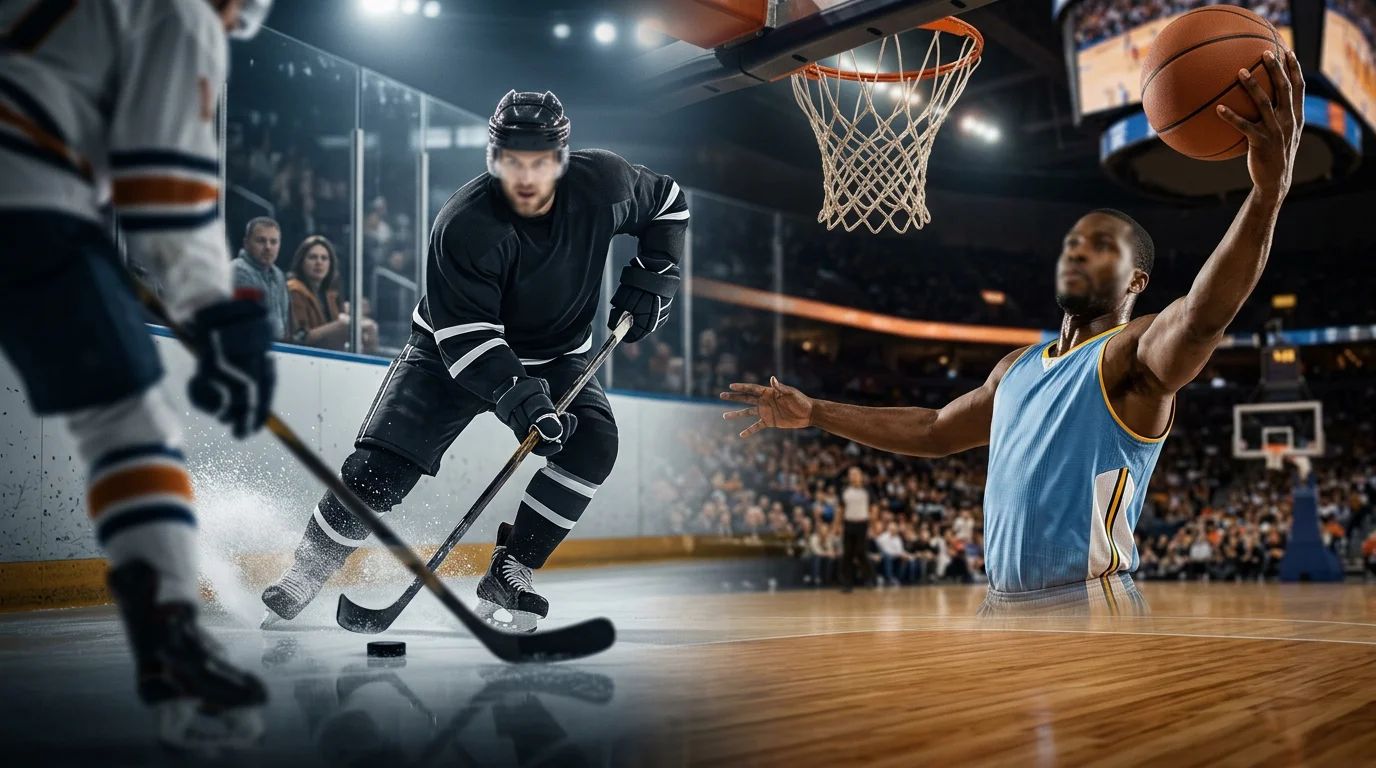 An ice rink with a basketball hoop, symbolizing competing sports for audience attention