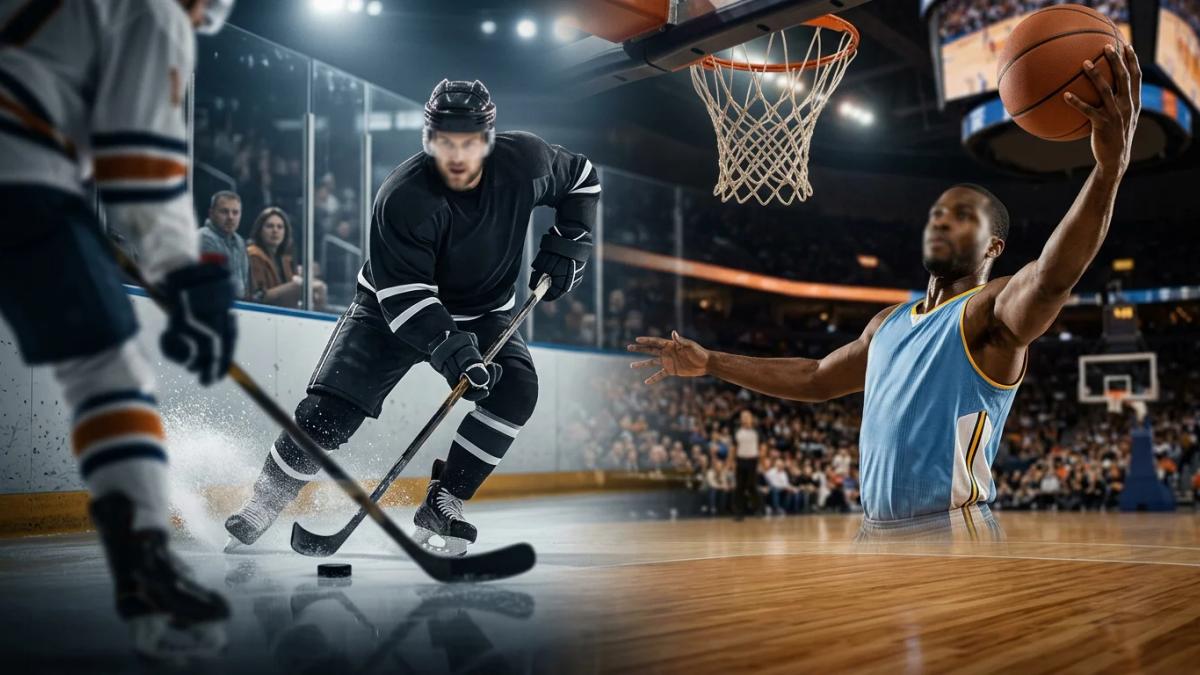 An ice rink with a basketball hoop, symbolizing competing sports for audience attention