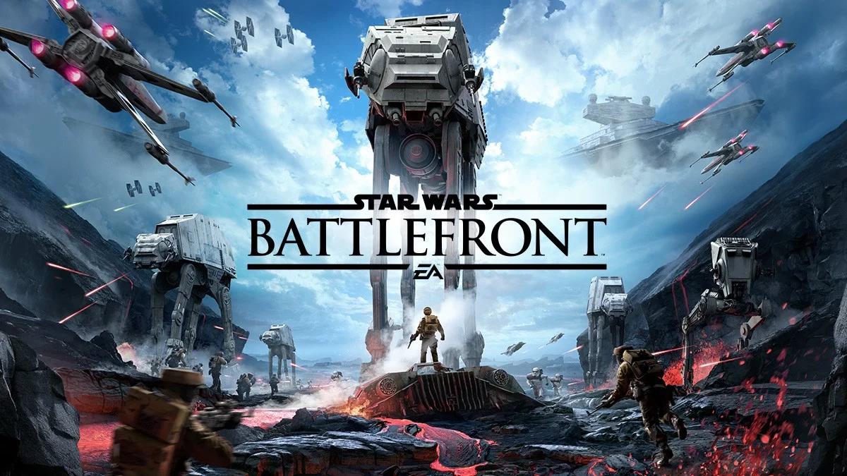 A stormtrooper aiming a blaster in a chaotic Star Wars Battlefront scene