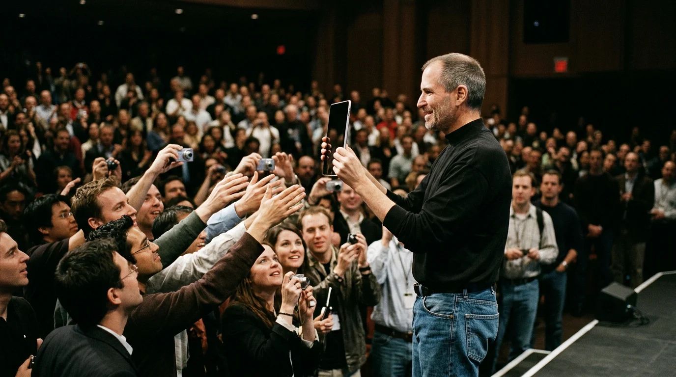 A black and white portrait of Steve Jobs, highlighting his genius in PR and marketing