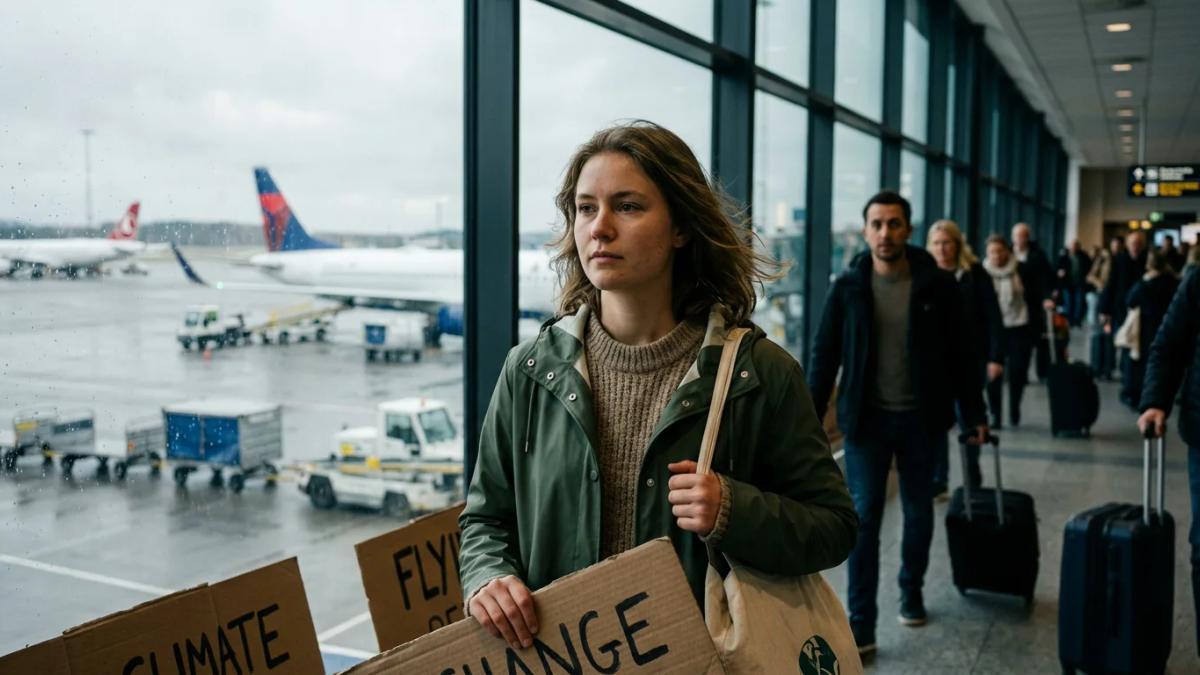 Greta Thunberg stands before a microphone, raising awareness about flight shame and climate change