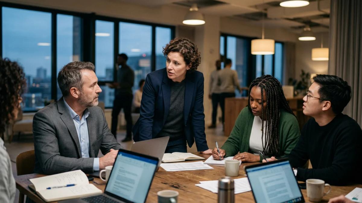 A diverse business team collaborating, representing marketing's leadership in industry advocacy