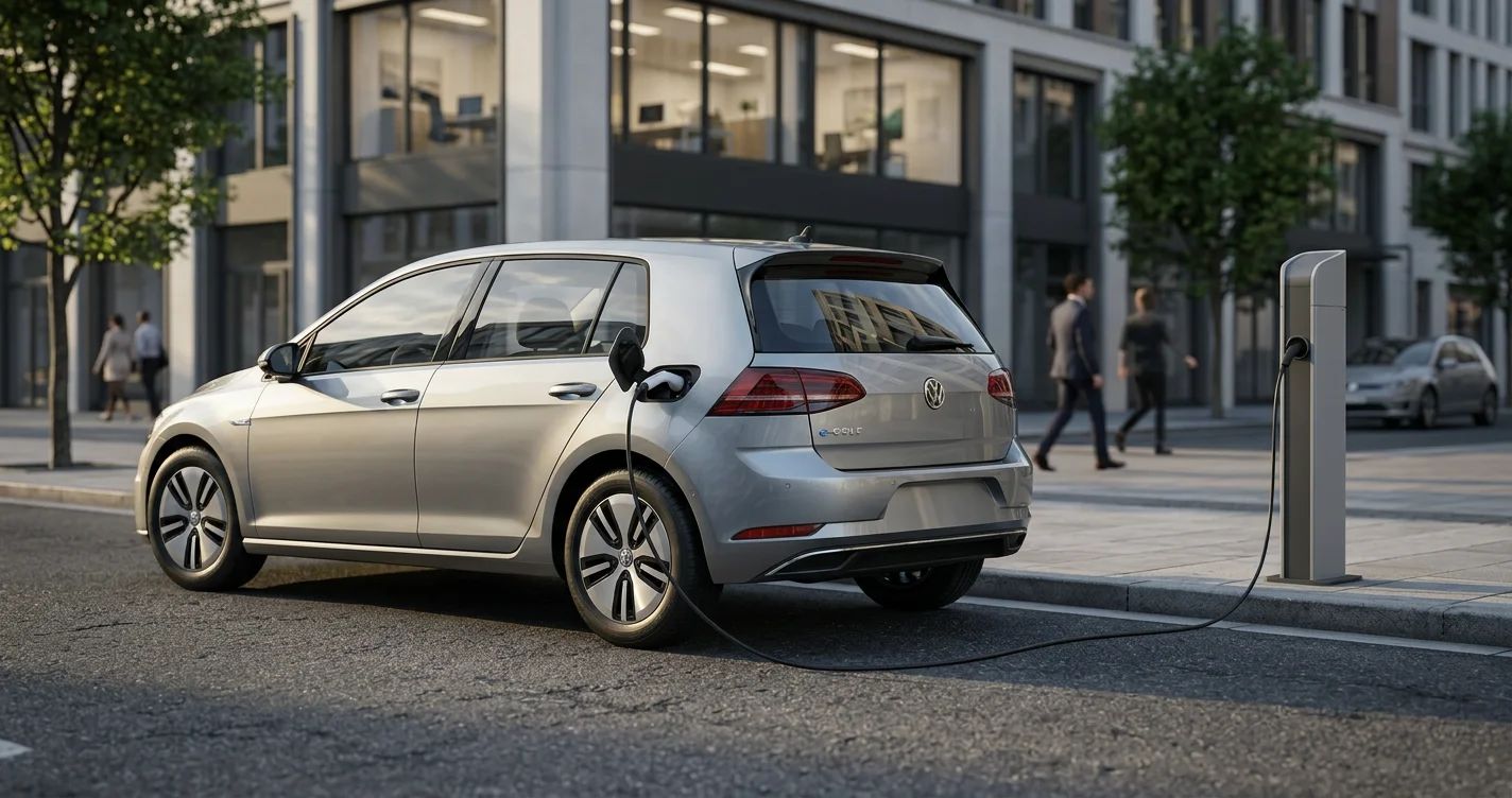 A Volkswagen e-Golf charges at a station, representing subtle, long-term innovation