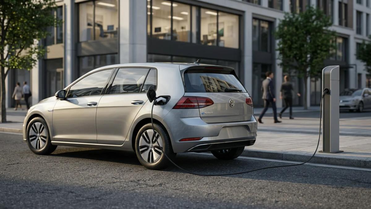 A Volkswagen e-Golf charges at a station, representing subtle, long-term innovation